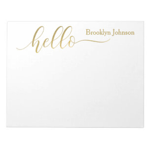 Bloco De Notas Nome Na moda personalizado Dourado "Hello"