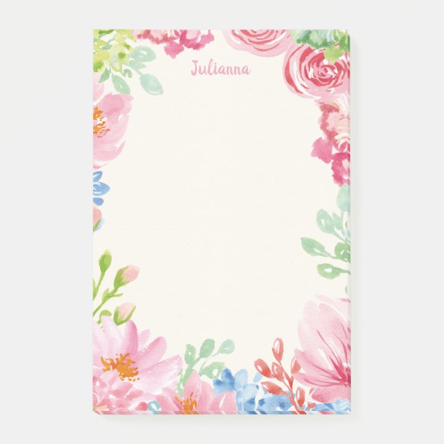 Bloco De Notas Nome Personalizado Borda Floral Pastel Fllower (Frente)
