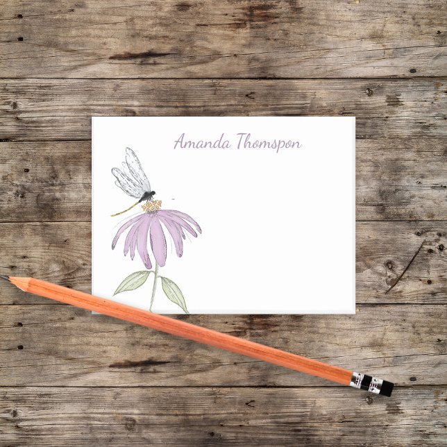 Bloco De Notas Nome Personalizado Botânico Aquarela Simples (Purple cone flower and dragonfly custom post it notes. )