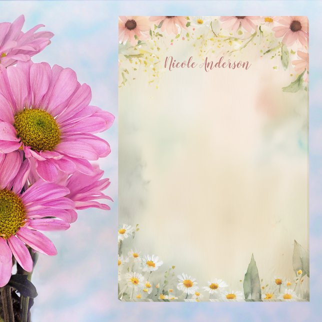 Bloco De Notas Nome Personalizado com Daisy Flower Watercolor (Criador carregado)