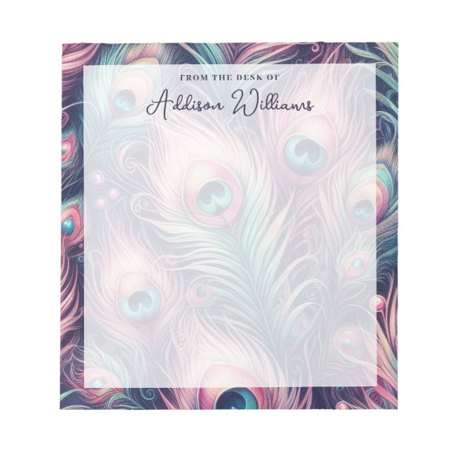 Bloco De Notas Nome Personalizado de Penas de Peacock Rosa (Frente)