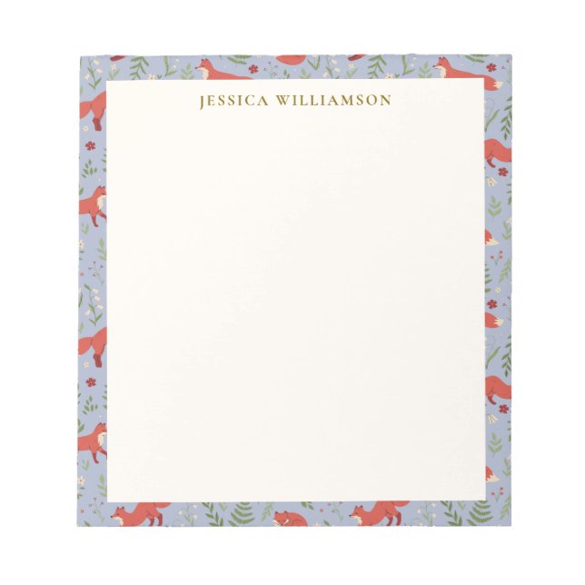 Bloco De Notas Nome Personalizado do Padrão Botânico Woodland Fox (Frente)