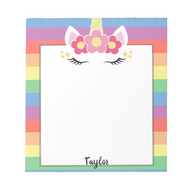 Bloco De Notas Nome Personalizado do Pastel Rainbow Unicorn (Frente)