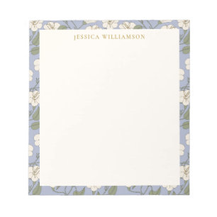 Bloco De Notas Nome Personalizado Floral de Cottagecore Azul