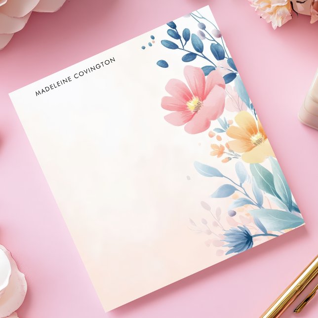Bloco De Notas Nome Personalizado Floral Pastel Elegante (Criador carregado)