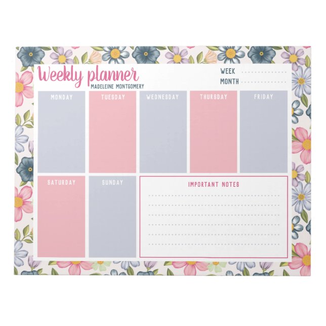 Bloco De Notas Nome Personalizado Pastel Floral Weekly Planner (Frente)