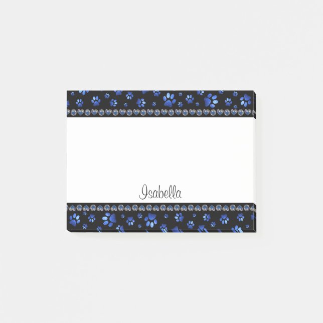 Bloco De Notas Nome personalizado, patas de cão com brilho azul (Frente)