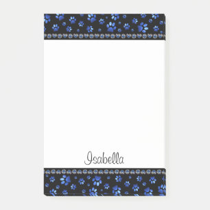 Bloco De Notas Nome personalizado, patas de cão com brilho azul