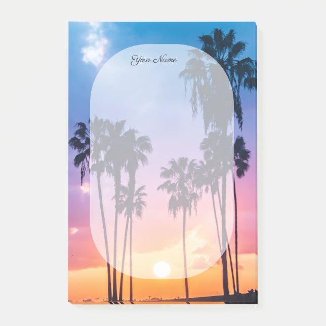 Bloco De Notas Nome Tropical Vibrante Rainbow Sunset Palm Tree (Frente)