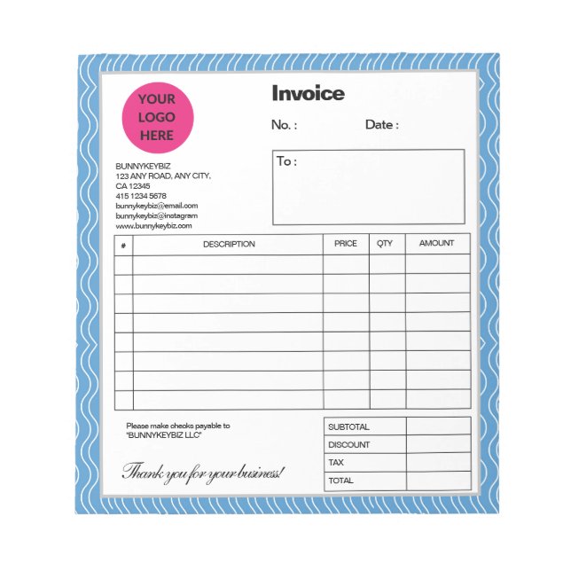 Bloco De Notas Nota de fatura da empresa Pastel Blue Wave (Frente)