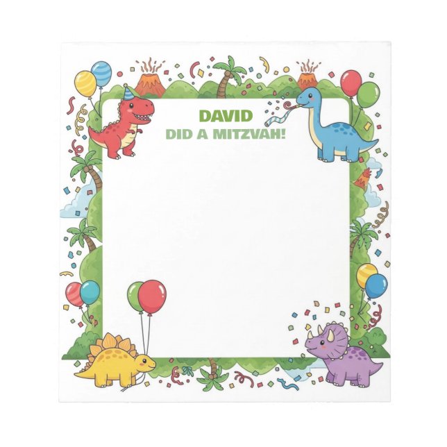 Bloco De Notas Nota Mitzvah Notepad para crianças Festa de Dinoss (Frente)