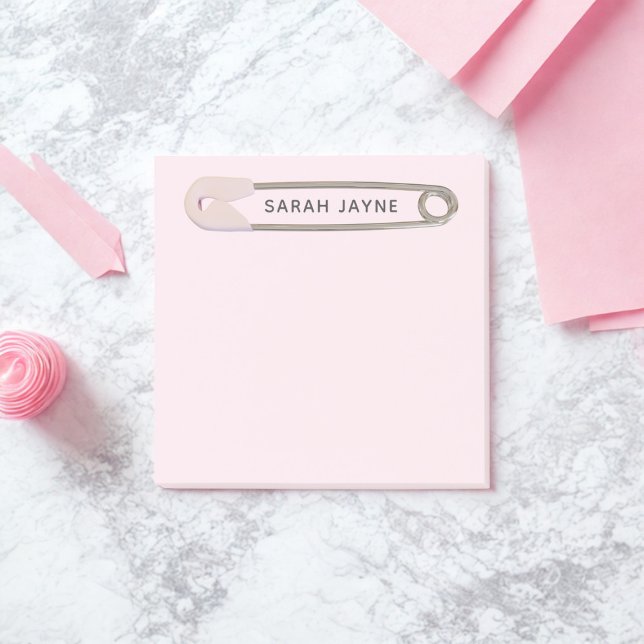 Bloco De Notas Notas adesivas de alfinete de fralda para chá de b (Pink Girl Baby Shower Simple Diaper Pin Post-it Notes with space for your name)