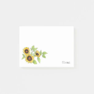 Bloco De Notas Notas adesivas de girassóis aquarela e caneta