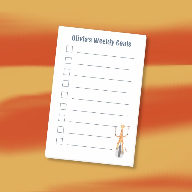 Bloco De Notas Notas adesivas Girafa no Uniciclo Metas Infantis (Personalized kids sticky notes featuring a cartoon giraffe on a unicycle . )