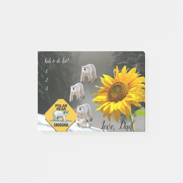 Bloco De Notas Notas Adesivas Post it, Flor de Girassol Urso Pola (Frente)