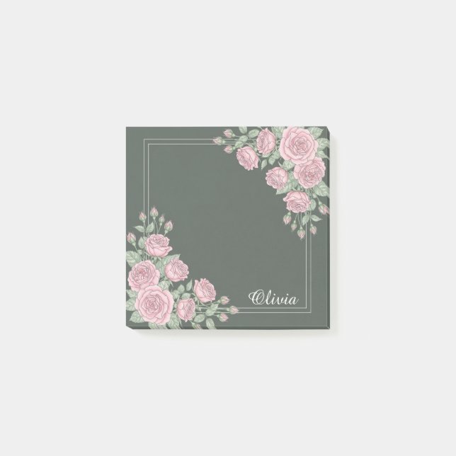 Bloco De Notas Notas Adhesivas Personalizadas Florais Rosa e Verd (Frente)