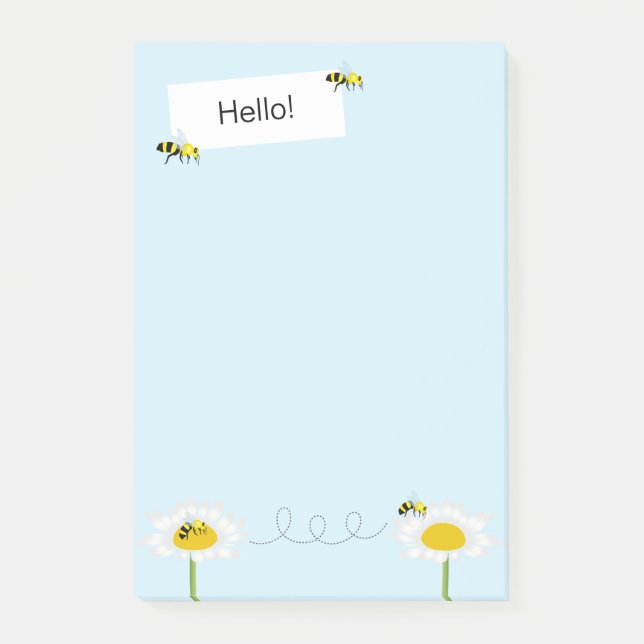 Bloco De Notas Notas Autoadesivas de Abelha em Flor - Fundo Azul (Frente)