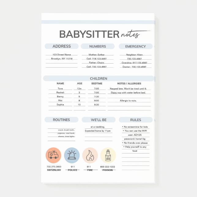Bloco De Notas Notas de Informação do Babysitter (Frente)