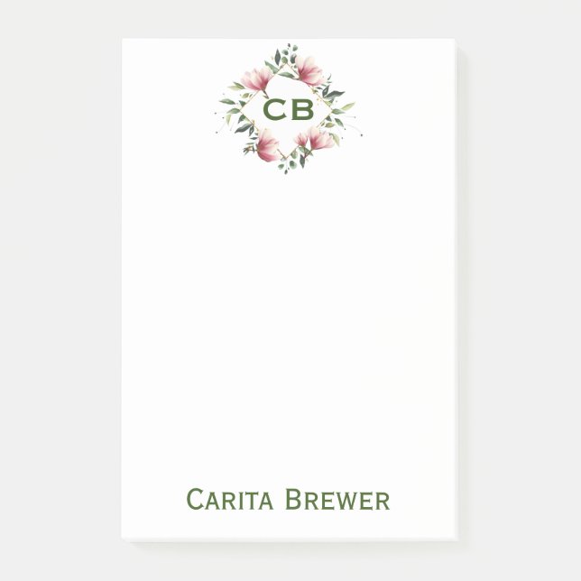 Bloco De Notas Notas de Posto do Monograma Floral (Frente)