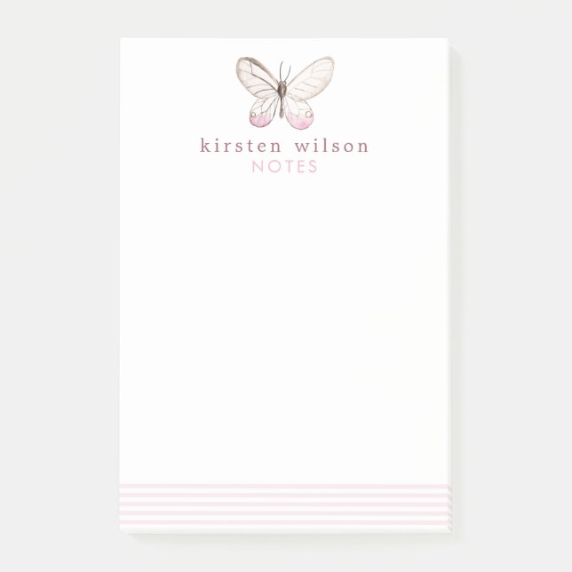 Bloco De Notas Notas de Posto Elegante Blush Stripes & Butterfly (Frente)