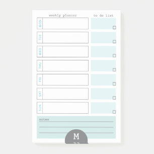 Bloco De Notas Notas do Posto Teal do Planejador Semanal Monogram
