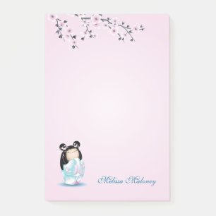 Bloco De Notas Notas Postadas da Boneca Kokeshi Turquoise Pink Mo