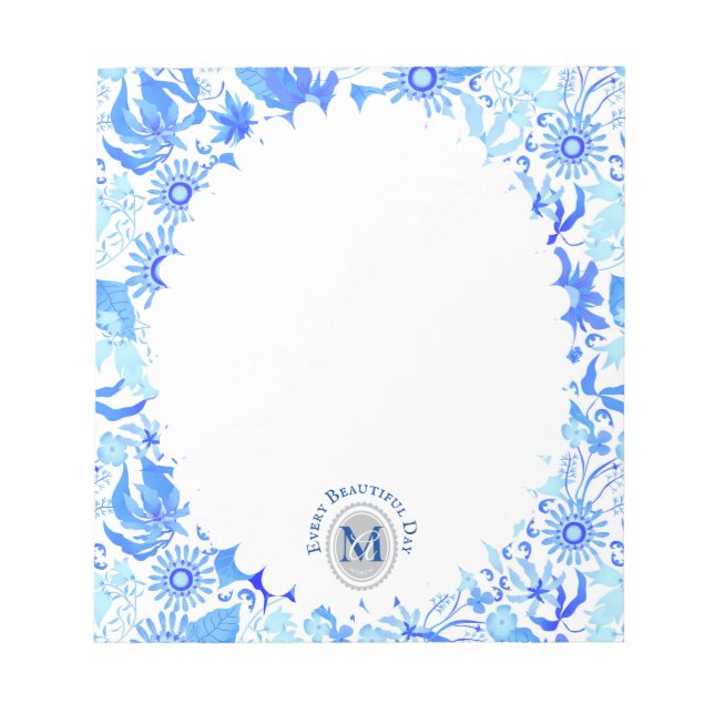 Bloco De Notas Notepad Branco Azul-Chic Floral Glamor (Frente)