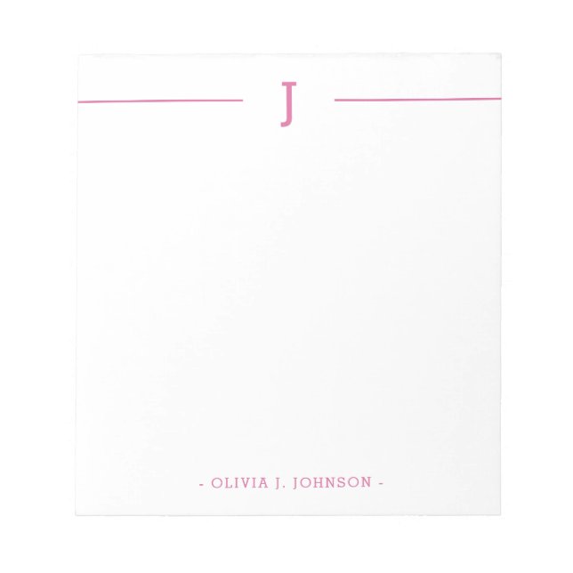 Bloco De Notas Notepad Branco Cor-de-rosa moderna monograma elega (Frente)