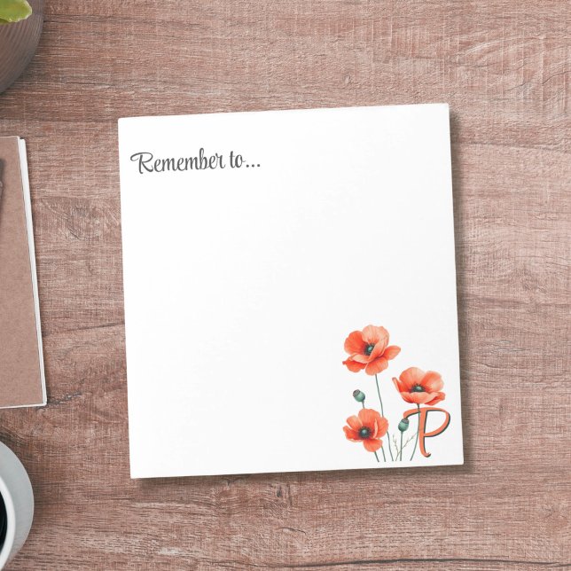 Bloco De Notas Notepad de flor selvagem, bonito, Monograma (Add your initial to this pretty poppy notepad)