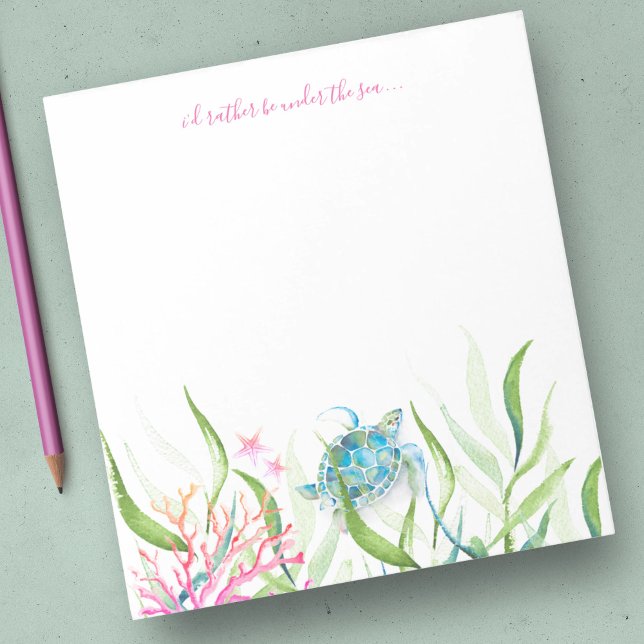 Bloco De Notas Notepad de papel para ateliê de tartaruga marinha  (Notepad features watercolor sea turtle, coral, starfish underwater botanicals Victoria Grigaliunas)