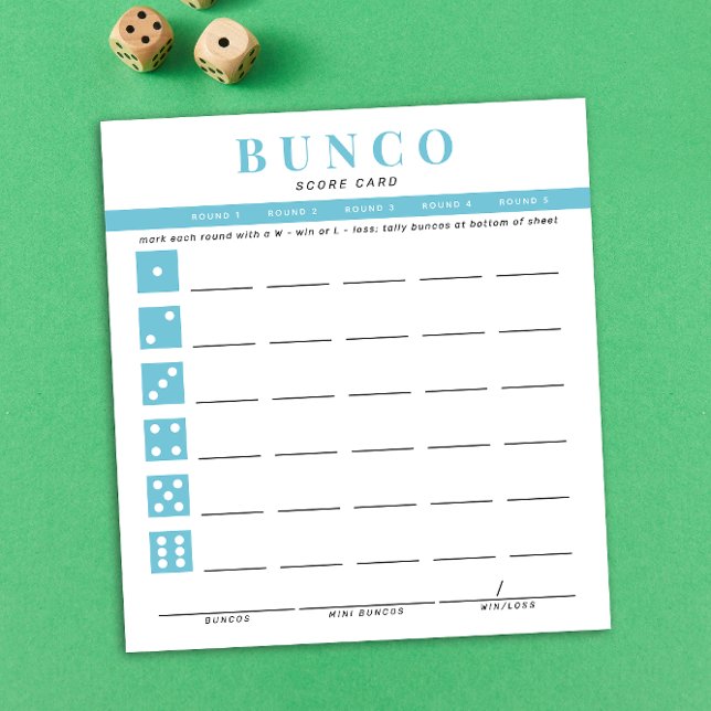 Bloco De Notas Notepad de placa de pontuação simples azul-Bunco (modern tear-off notepad Bunco score card with sky blue dice graphics and accents )