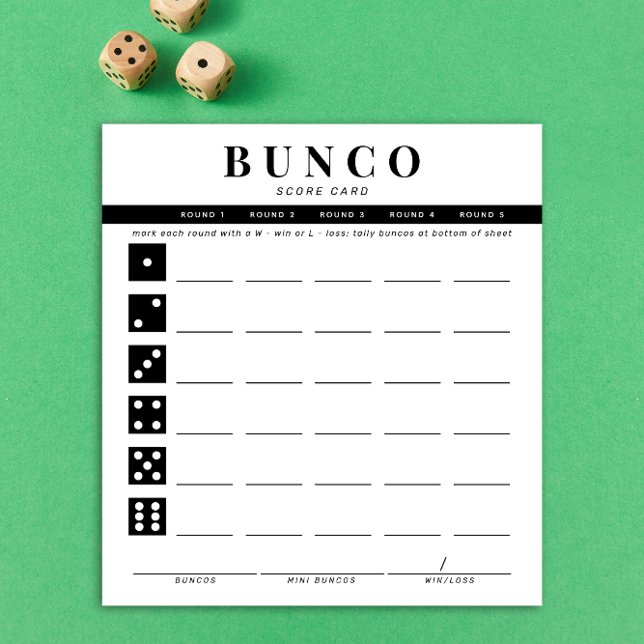 Bloco De Notas Notepad de placa de pontuação simples em preto e b (modern tear-off notepad Bunco score card with black dice graphics and accents)
