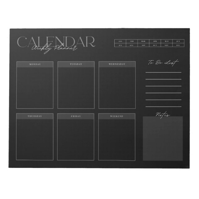 Bloco De Notas Notepad do Planejador Semanal Preto Elegante (Frente)
