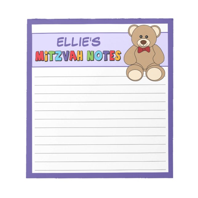 Bloco De Notas Notepad do Urso de Teddy Personalizado Mitzvah - R (Frente)