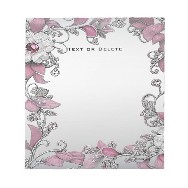 Bloco De Notas Notepad Floral Branco Prateado Rosa (Frente)