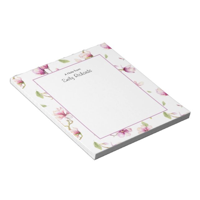 Bloco De Notas Notepad floral de magnólia rosa personalizado (Inclinado)