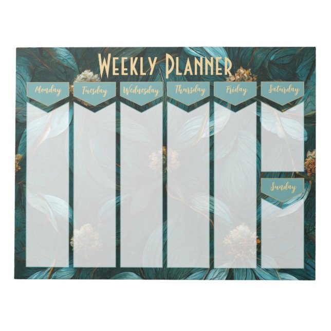 Bloco De Notas Notepad Floral Weekly Planner Teal e Dourada (Frente)