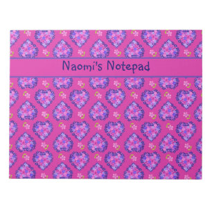 Bloco De Notas Notepad ou Jotter, Corações e Flores em Magenta