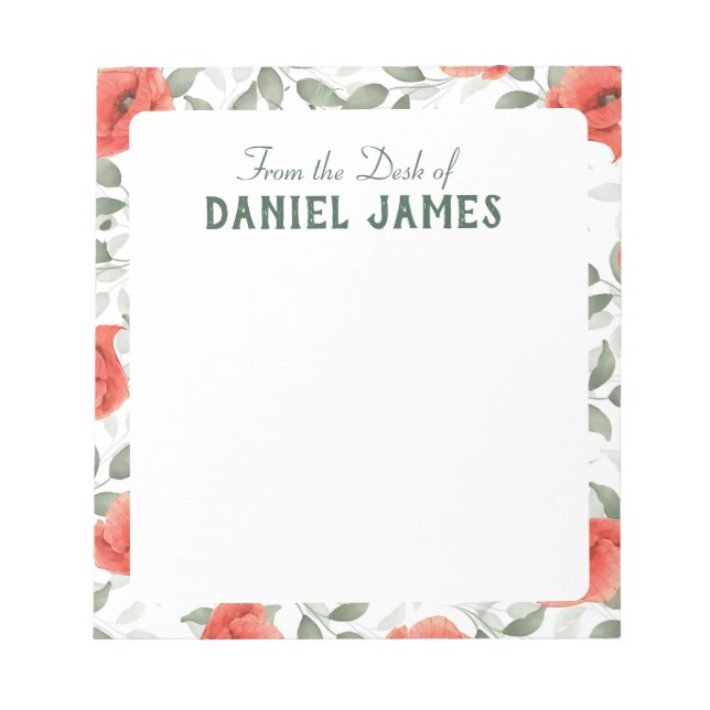 Bloco De Notas Notepad Personalizado de Flores Vermelhas Poppy (Frente)