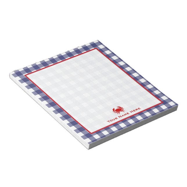 Bloco De Notas Notepad Personalizado de Gingham Azul e Caranguejo (Inclinado)
