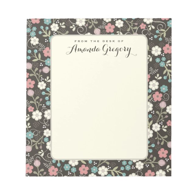 Bloco De Notas Notepad Personalizado De Mesa Floral | Preto (Frente)