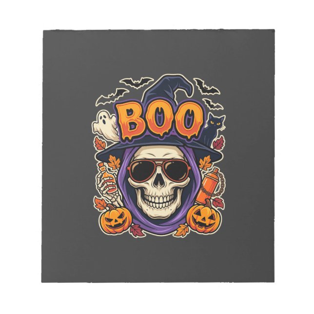 Bloco De Notas Óculos de Sol de Caveira Boo de Halloween Vetor (Frente)