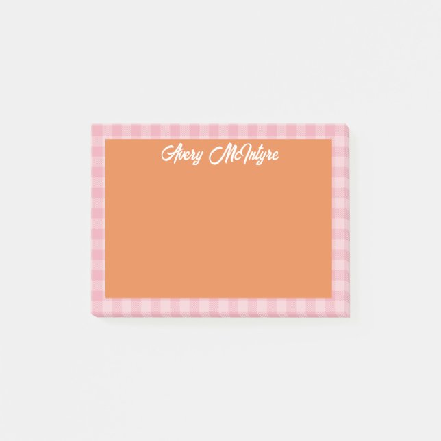 Bloco De Notas Orange Pink Gingham Border Name In Cool Script (Frente)