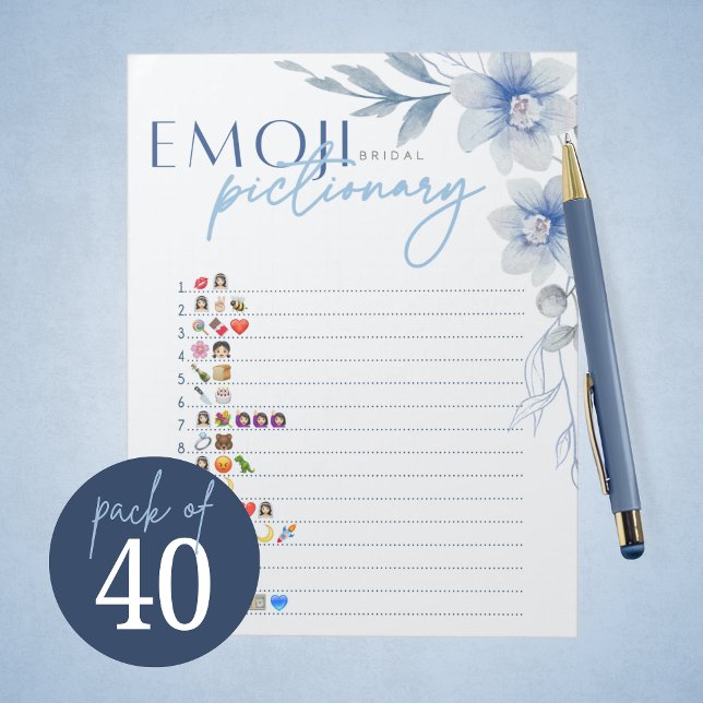 Bloco De Notas Pacote de Jogo de Chá de panela Emoji Azul (Blue Watercolor Floral Bridal Pictionary Game Pack of 40 Games for Something Blue Bridal Shower)