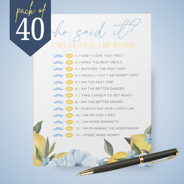 Bloco De Notas Pacote de Jogo de Chuveiro Lemon He Said She Said (Main Squeeze Lemon and Blue Flower Guess Who Said It Bridal Shower Game Pack of 40 Games)