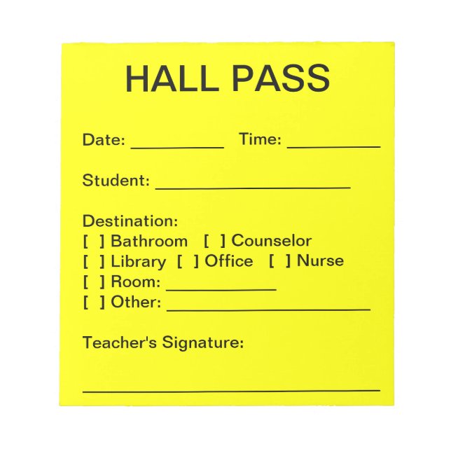 Bloco De Notas Pad Hall Pass (Frente)