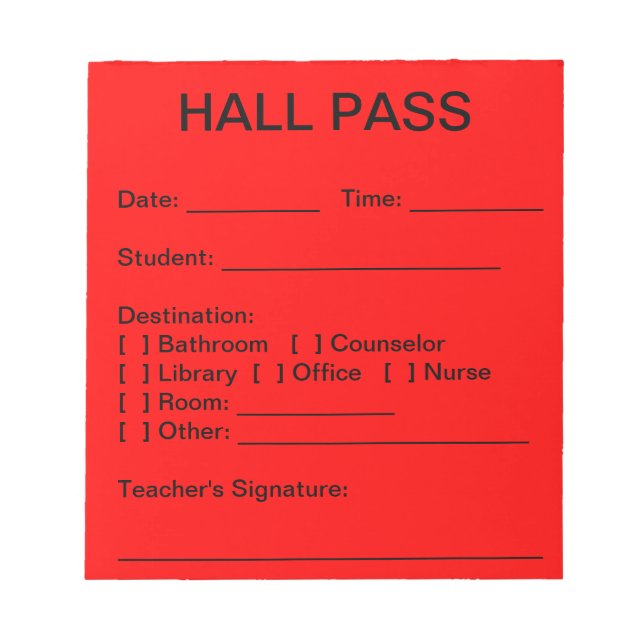 Bloco De Notas Pad Hall Pass (Vermelho) (Frente)