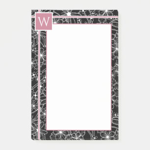 Bloco De Notas Padrão de Desenho Floral Escuro Monograma Rosa Pre