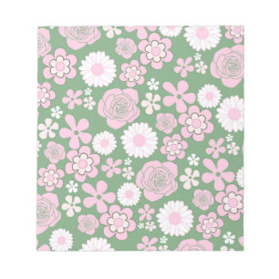 Bloco De Notas Padrão de Flor Y2K 70s - Cor-de-rosa Verde