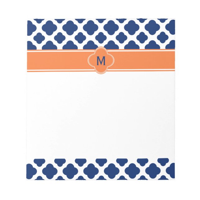 Bloco De Notas Padrão de Quatrefoil Azul Real Monograma com Laran (Frente)